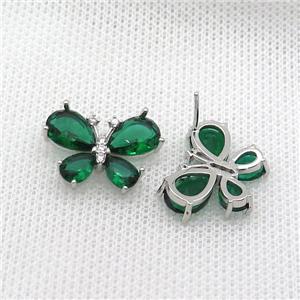 Copper Butterfly Stud Earring Pave Green Crystal Glass Platinum Plated, approx 15-20mm