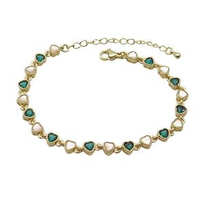 Copper Bracelets Pave Green Zirocn Heart Gold Plated, approx 5mm, 18-24cm length