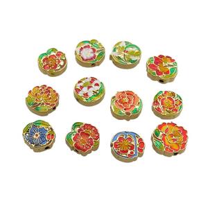 Copper Flower Beads Multicolor Cloisonne Gold Plated, approx 10-12mm