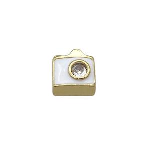 Copper Camera Charm Beads Pave Zircon White Enamel Gold Plated, approx 9-10mm