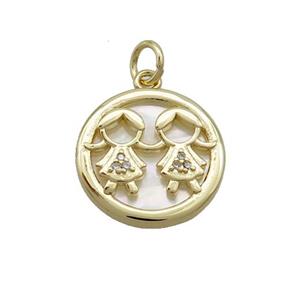 Copper Kids Charms Pendant Pave Zircon Shell Gold Plated, approx 15mm