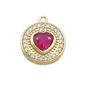 Copper Circle Pendant Pave Zircon Red Heart Gold Plated, approx 14mm