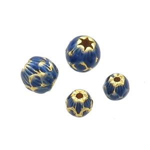 Copper Lotus Beads Blue Cloisonne Round Gold Plated, approx 5mm