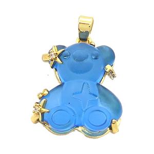Blue Resin Bear Pendant Copper Gold Plated, approx 16-22mm