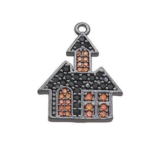 Copper Pendant Pave Black Orange Zircon Haunted House Halloween Charms Black Plated, approx 15-18mm