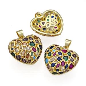 Copper Heart Pendant Pave Zircon Multicolor Gold Plated, approx 24mm