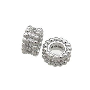Copper Heishi Beads Pave Zircon Large Hole Platinum Plated, approx 10mm