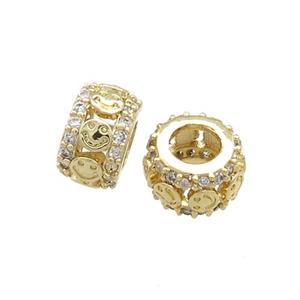 Copper Rondelle Beads Pave Zircon Emoji Large Hole Gold Plated, approx 10mm