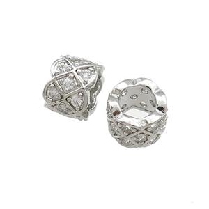 Copper Tube Beads Pave Zircon Large Hole Platinum Plated, approx 10mm