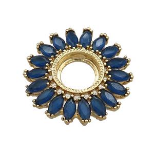Copper Flower Pendant Pave Blue Crystal Glass Zircon With Pad Circle Gold Plated, approx 25mm
