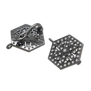 Copper Clasp Pave Zircon Hexagon Black Plated, approx 15-17mm