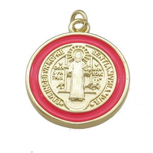 Copper Jesus Pendant Religious Medal Charms Red Enamel Circle Gold Plated, approx 20mm
