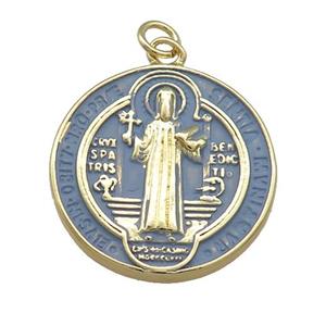 Copper Jesus Pendant Religious Medal Charms BlueGray Painted Circle Gold Plated, approx 23mm