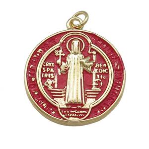 Copper Jesus Pendant Religious Medal Charms Red Painted Circle Gold Plated, approx 23mm