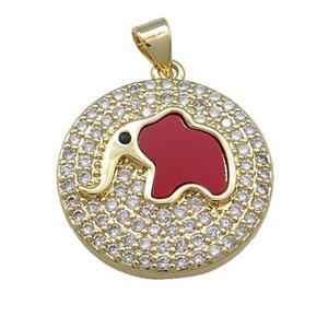 Copper Elephant Charms Pendant Pave Shell Zircon Circle 18K Gold Plated, approx 22mm