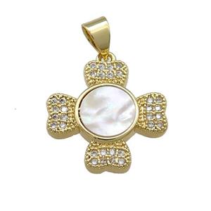 Copper Cross Pendant Pave Shell Zircon Heart 18K Gold Plated, approx 17mm