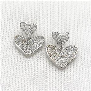 Copper Stud Earrings Heart Pave Zircon Platinum Plated, approx 8mm, 15mm