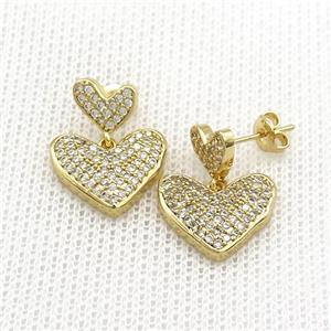 Copper Stud Earrings Heart Pave Zircon Gold Plated, approx 8mm, 15mm