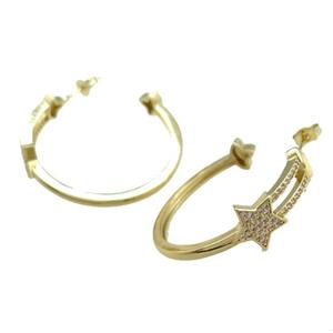 Copper Stud Earrings Pave Zircon Star Gold Plated, approx 10mm, 35mm dia