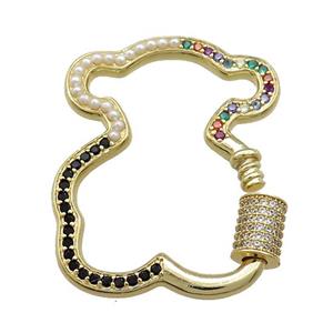 Bear Charms Copper Carabiner Clasp Pave Pearlized Resin Zircon Gold Plated, approx 28-35mm