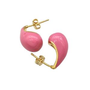 Copper Teardrop Stud Earrings Pink Enamel Gold Plated, approx 10-18mm