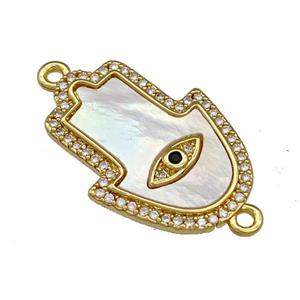 Copper Hamsahand Connector Pave Shell Zirconia Evil Eye 18K Gold Plated, approx 17-25mm