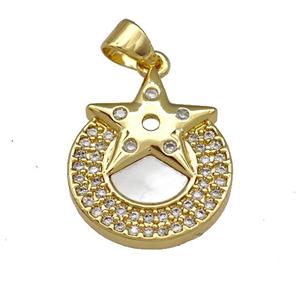 Copper Star Pendant Pave Shell Zirconia Circle 18K Gold Plated, approx 16mm