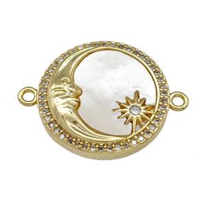 Moon Charms Copper Circle Connector Micro Pave Shell Zirconia 18K Gold Plated, approx 18mm