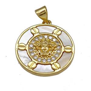 Medusa Charms Copper Circle Pendant Pave Shell Zirconia 18K Gold Plated, approx 20mm