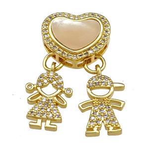 Copper Kids Pendant Pave Shell Zircon Heart 18K Gold Plated, approx 10-13mm, 15mm