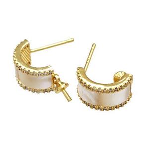 Copper Stud Earrings Pave Shell Zirconia With Bail 18K Gold Plated, approx 7-13mm