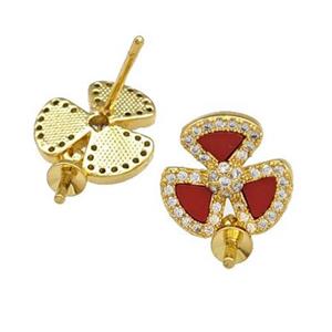 Copper Stud Earrings Pave Shell Zirconia With Bail Clover 18K Gold Plated, approx 12mm