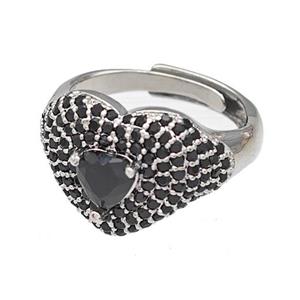 Copper Heart Rings Micro Pave Black Zirconia Adjustable Platinum Plated, approx 14mm, 18mm dia