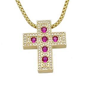 Copper Cross Necklace Micro Pave Zirconia Gold Plated, approx 22-28mm, 2mm, 40-45cm length
