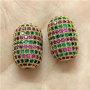 Copper Barrel Beads Micro Pave Zirconia Multicolor Gold Plated, approx 12-18mm