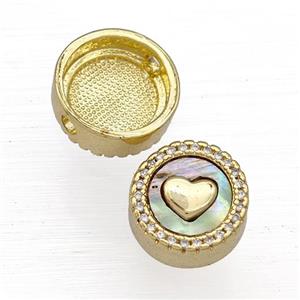Copper Button Beads Pave Abalone Shell Zircon Heart 18K Gold Plated, approx 12mm