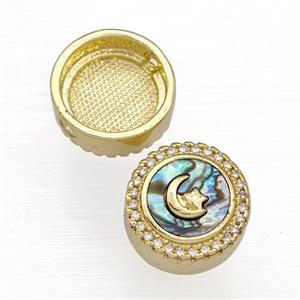 Copper Button Beads Pave Abalone Shell Zircon Moon 18K Gold Plated, approx 12mm
