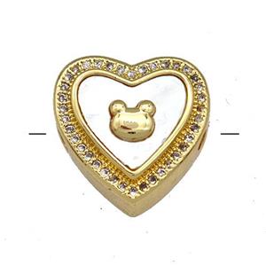 Copper Heart Beads Pave Shell Zircon 18K Gold Plated, approx 16mm