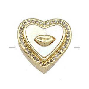 Copper Heart Beads Pave Shell Zircon Lips 18K Gold Plated, approx 16mm