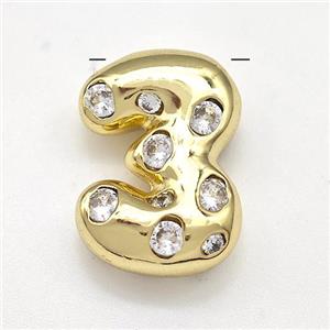 Copper Number-3 Pendant Micro Pave Zirconia Gold Plated, approx 10-20mm