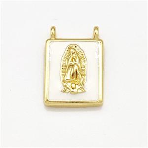 Copper Rectangle Pendant Virgin Mary White Enamel 2loops Gold Plated, approx 10-12mm