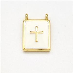 Copper Rectangle Pendant Cross White Enamel 2loops Gold Plated, approx 10-12mm