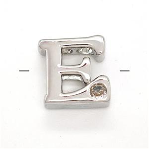 Copper Letter-E Beads Pave Zircon Platinum Plated, approx 6-12mm