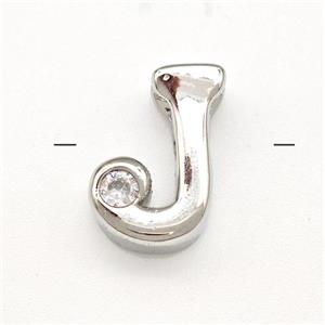 Copper Letter-J Beads Pave Zircon Platinum Plated, approx 6-12mm