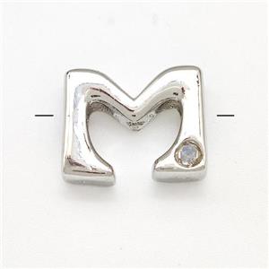 Copper Letter-M Beads Pave Zircon Platinum Plated, approx 6-12mm
