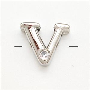 Copper Letter-V Beads Pave Zircon Platinum Plated, approx 6-12mm