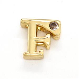 Copper Letter-F Beads Pave Zircon Gold Plated, approx 6-12mm