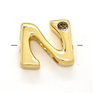 Copper Letter-N Beads Pave Zircon Gold Plated, approx 6-12mm