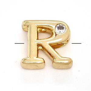 Copper Letter-R Beads Pave Zircon Gold Plated, approx 6-12mm