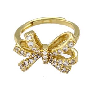 Copper Bow Rings Micro Pave Zirconia Adjustable Gold Plated, approx 14-19mm, 18mm dia